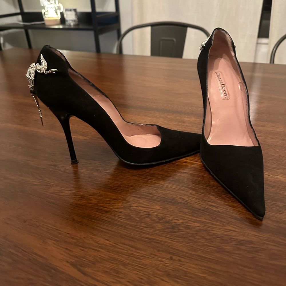 Cesare Paciotti dagger pump, black suede, rhinestone jewelry